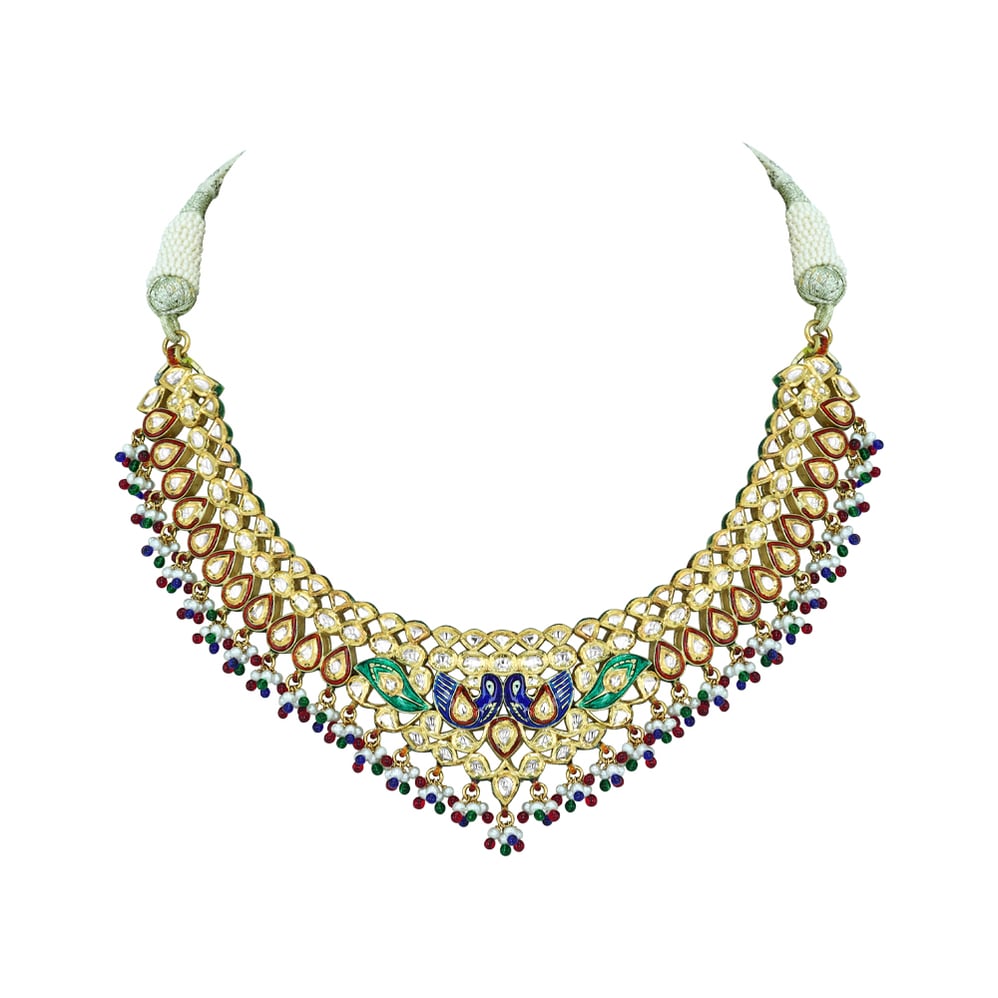 Polki Necklace with Peacock Enamel and Multicolour Beads